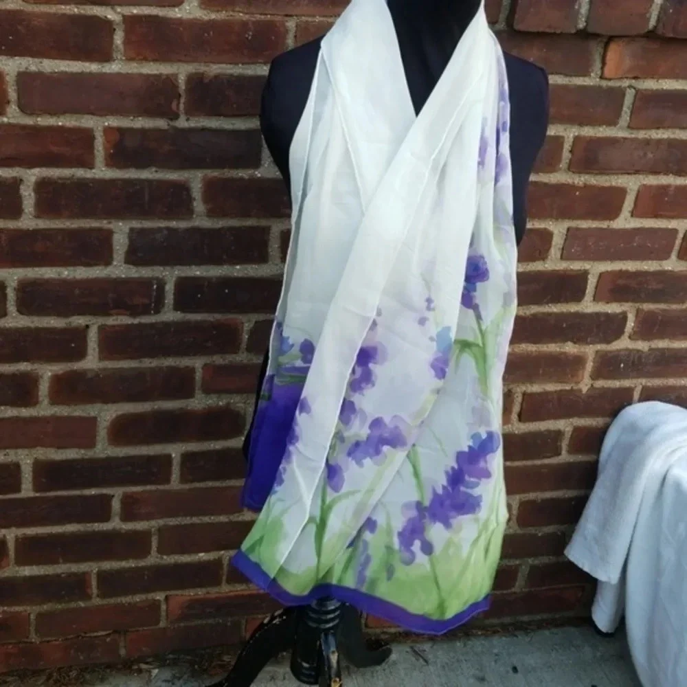 Vintage Silk Organza Watercolor Floral Scarf Sheer Lavender Green Wrap
